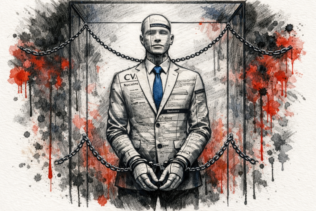 Beyaz yakalı kölelik ve CV meta fetişizmi temalı sistem eleştirisi illüstrasyonu, Kamisa E-Dergi.