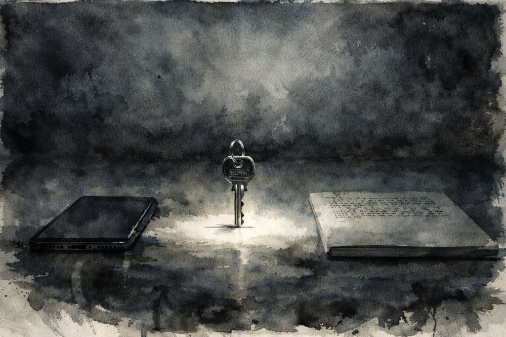 İnsanın kendine yabancılaşması temalı felsefi illüstrasyon, fark et sahiplen mottosu.