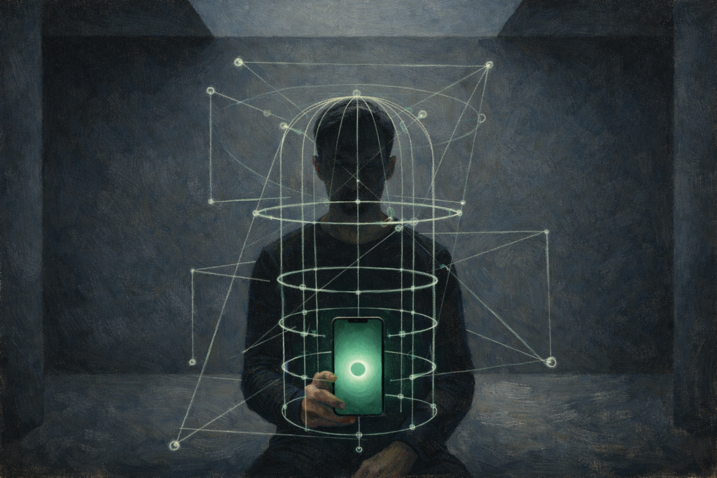 İrade zinciriyle örülmüş kafes ve özgür irade paradoksu temalı felsefi illüstrasyon.