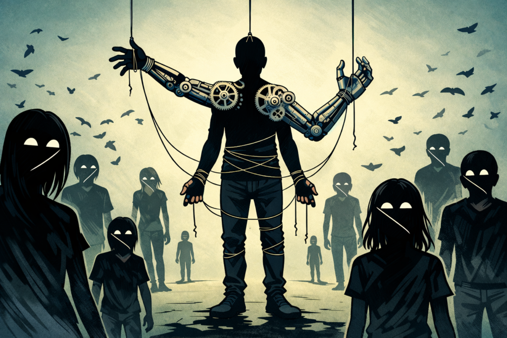 Kendi hayatına yabancı olma ve varoluşsal yabancılaşma temalı felsefi illüstrasyon, Kamisa E-Dergi.