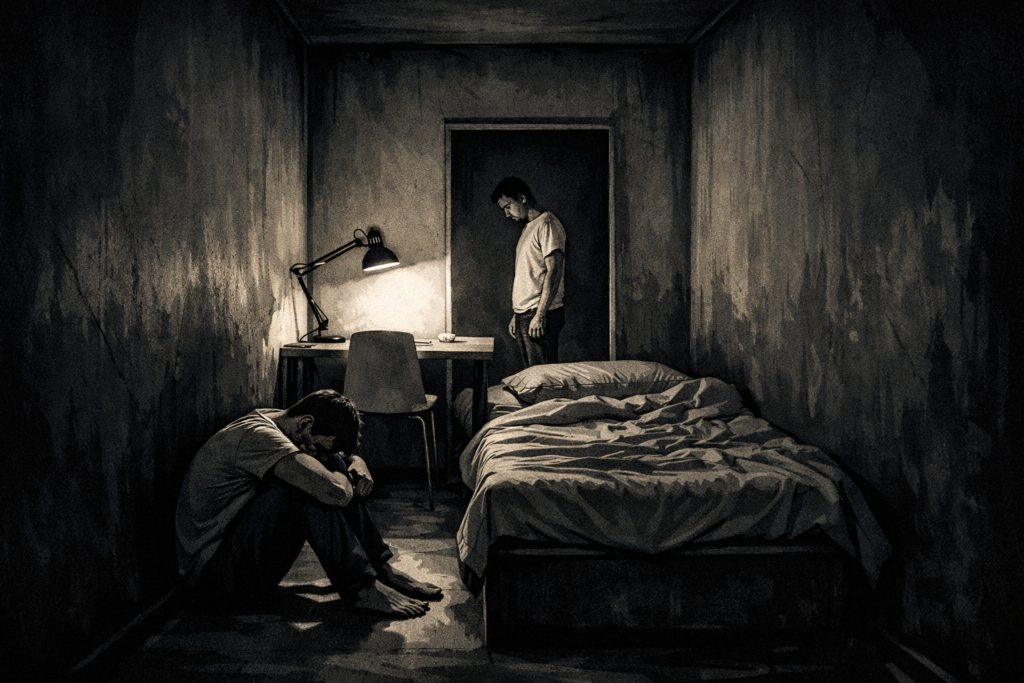 Kendiyle aynı odada kalma korkusu ve içsel yabancılaşma temalı felsefi illüstrasyon.