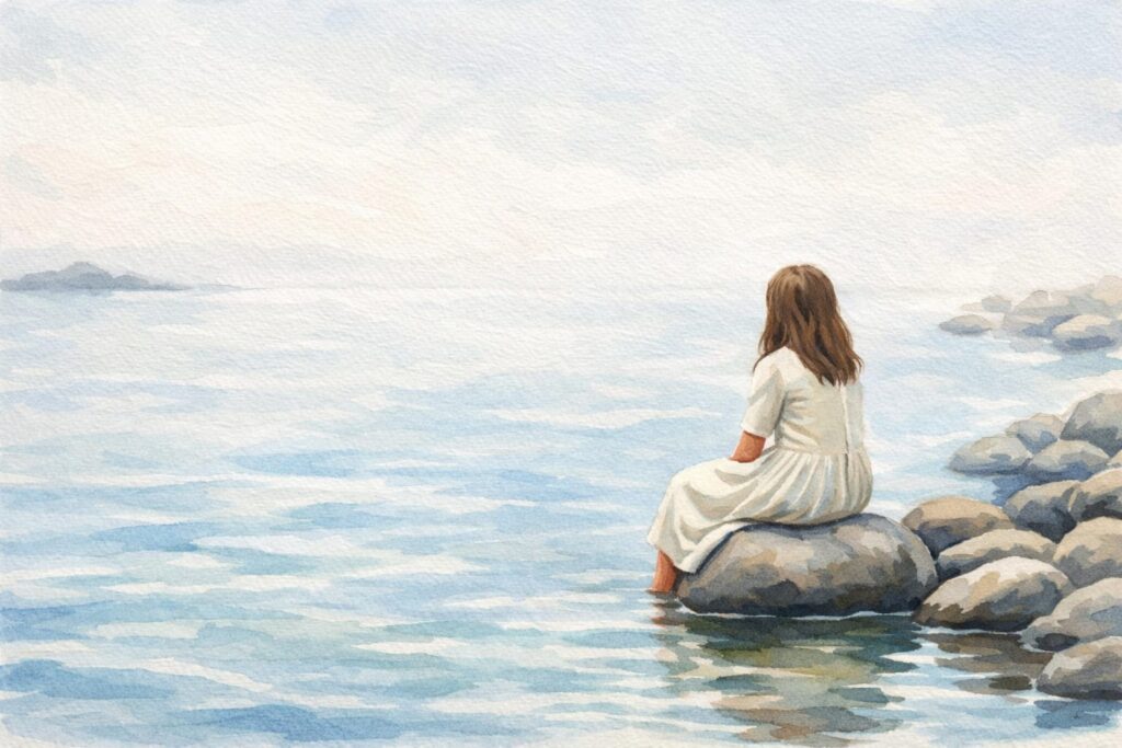 Kendimle aynı yerde olma ve içsel bütünleşme temalı felsefi illüstrasyon, Kamisa E-Dergi.