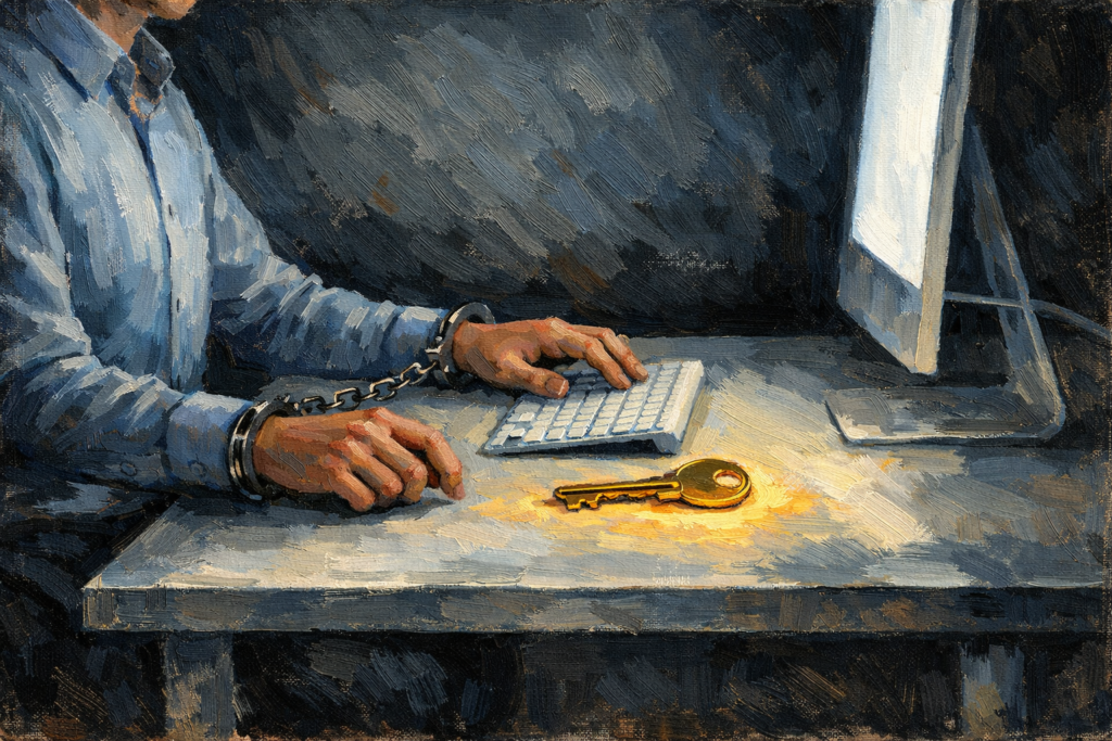 Kendi kendini sömüren birey ve performans toplumu temalı felsefi illüstrasyon, Kamisa E-Dergi.