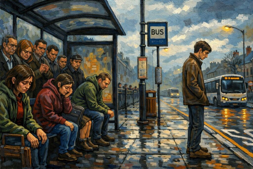 Şehri yürürken unutmak ve kentsel yabancılaşma temalı felsefi illüstrasyon, Kamisa E-Dergi.